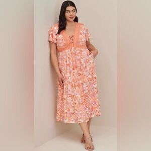 Torrid Lace Up Tea Length Dress- Crinkle Gauze Floral Coral Sz 2/2X